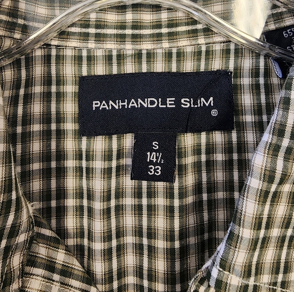 PANHANDLE SLIM Men's Green Western Yoke Pearl Snap Plaid Shirt, sz SM / 14.5 - Picture 2 of 12